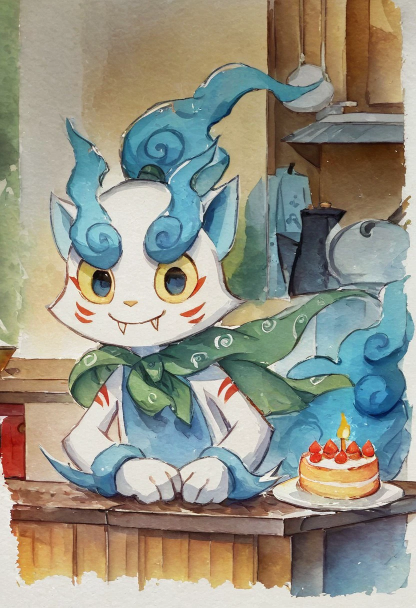 score_9, score_8, masterpiece, high quality, shishikoma, komainu, white body, blue belly, flame tail, flame ponytail, blue flames, green cape, green sclera, smile, closed mouth, fangs, kitchen, cake on table, watercolor