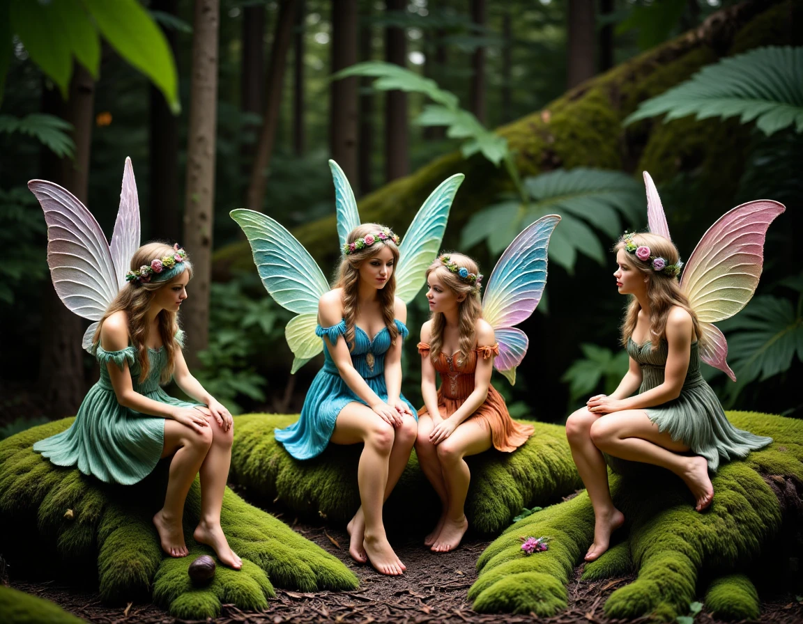 <lora:fairy_forest:1>,photography of multiple fairies, sitting,