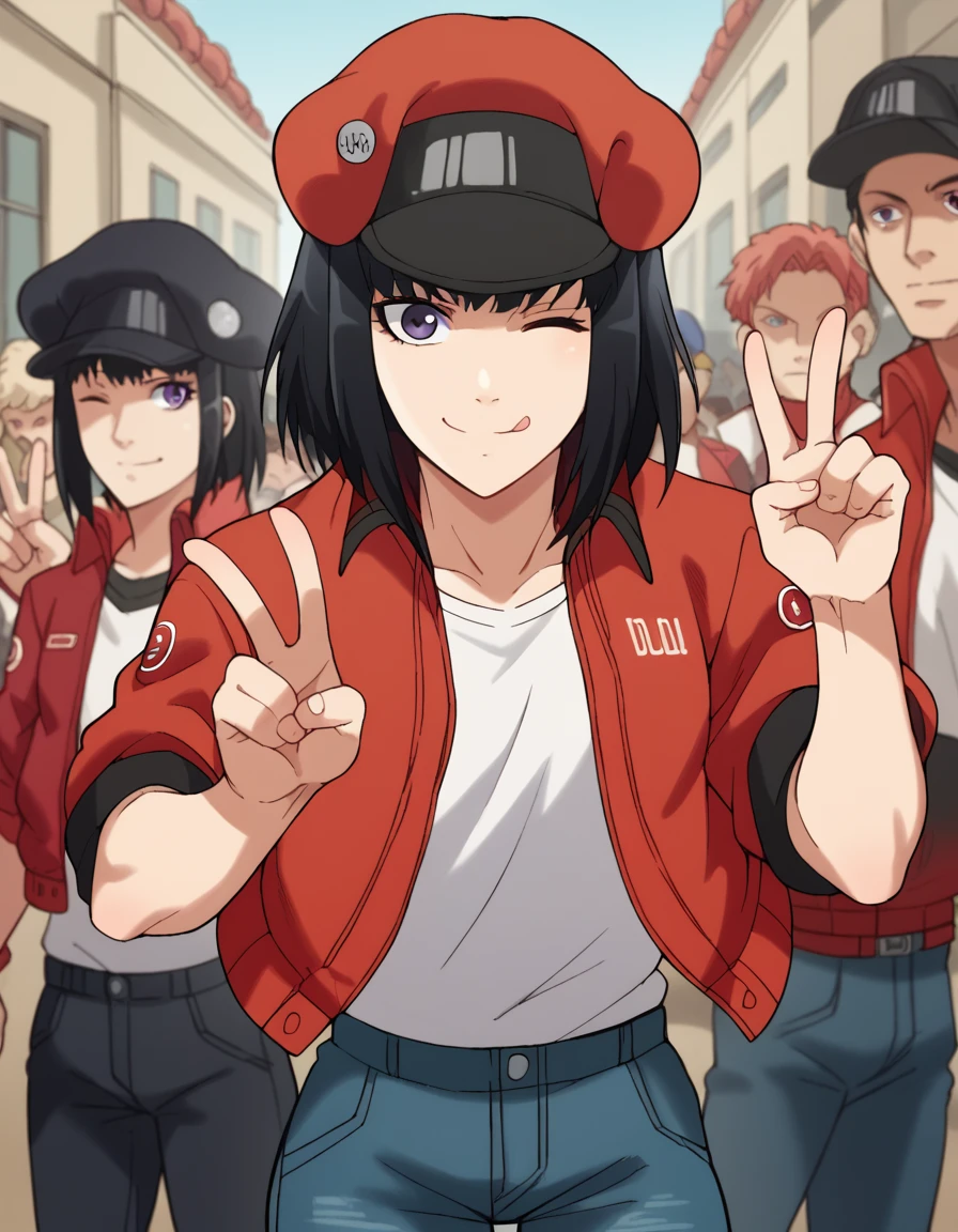 score_9, score_8_up, score_7_up, source_anime, <lora:red-blood-cell-nt4201-s1-ponyxl-lora-nochekaiser:1>, red blood cell nt4201, short hair, black hair, purple eyes,, <lora:letterman-jacket-ponyxl-lora-nochekaiser:1>, letterman jacket, jacket,, outdoors, crowd, people, v, v over eye, one eye closed, tongue out, smile, beanie, pants, open clothes, open jacket, , cowboy shot, dutch angle