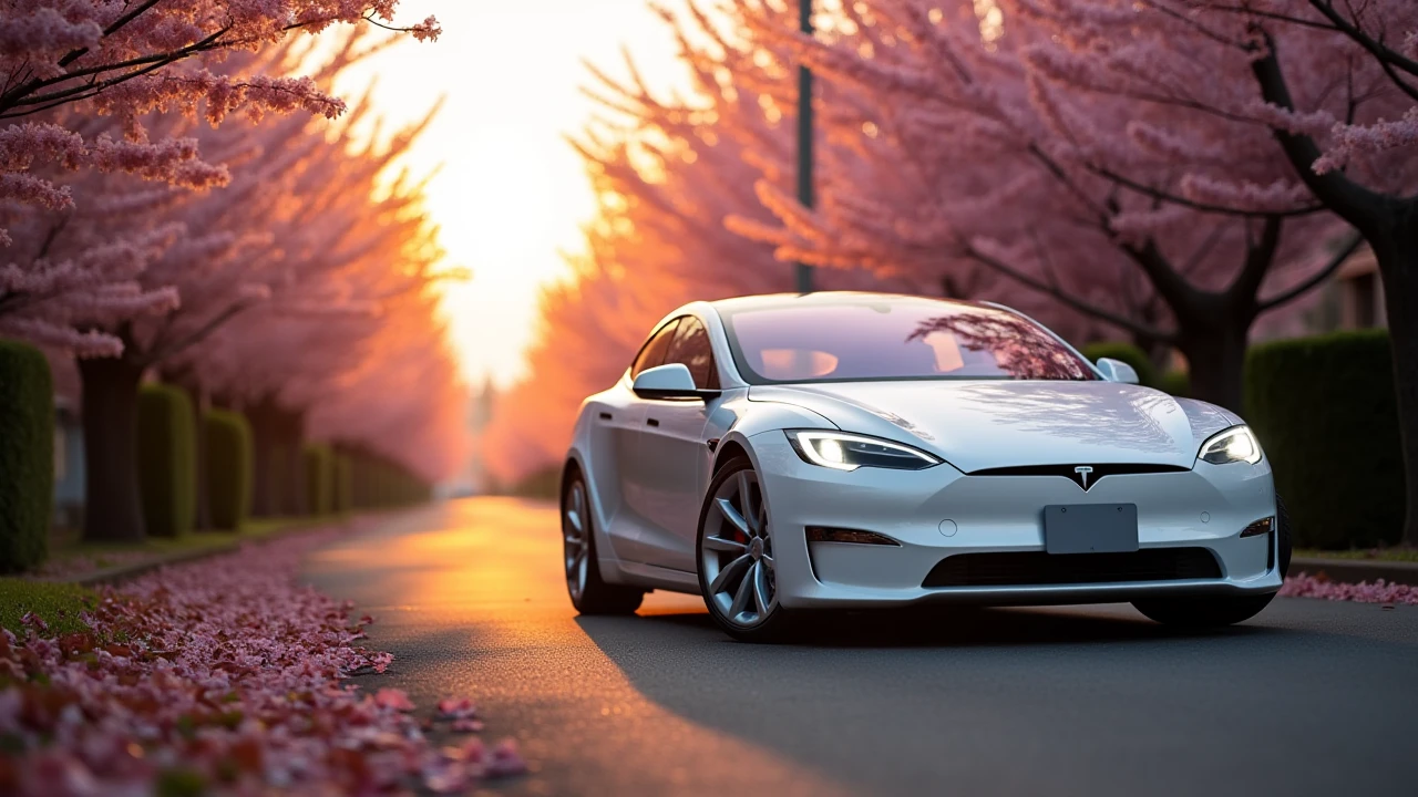 a photo of a whiteTesla Model S plaid at rural japanese street,cherry blossom trees,tilt-shift,Numberplate says "plaid",nice silver rims,chicago,sunset,dramatic camera angle,<lora:Tesla_Model S_Plaid:1>