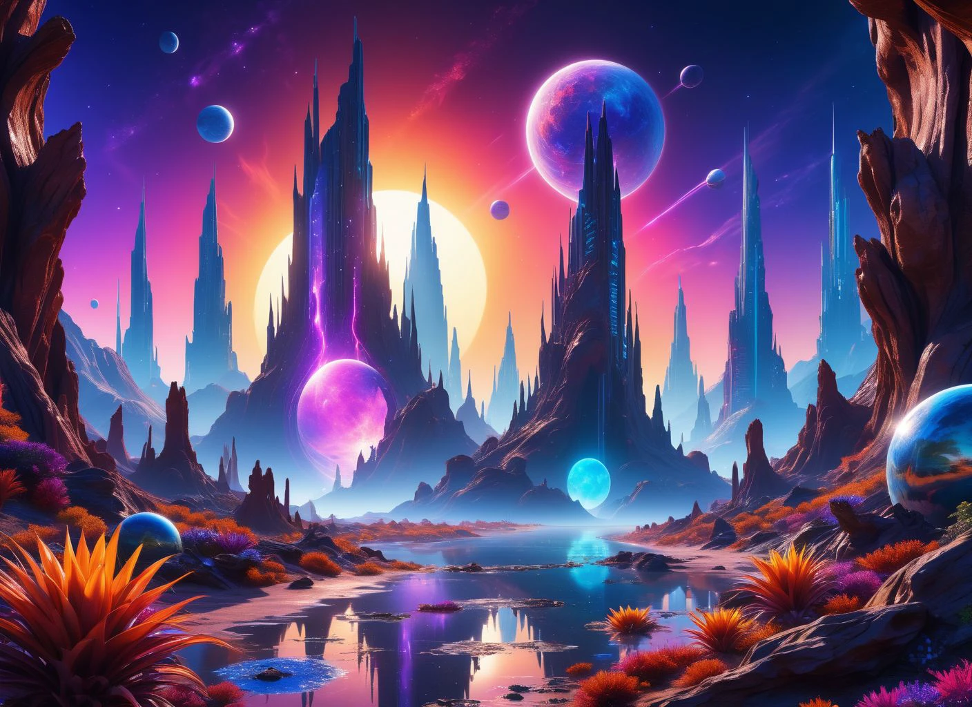 alien planet, alien plants, distant futuristic chrome city, vibrant colors