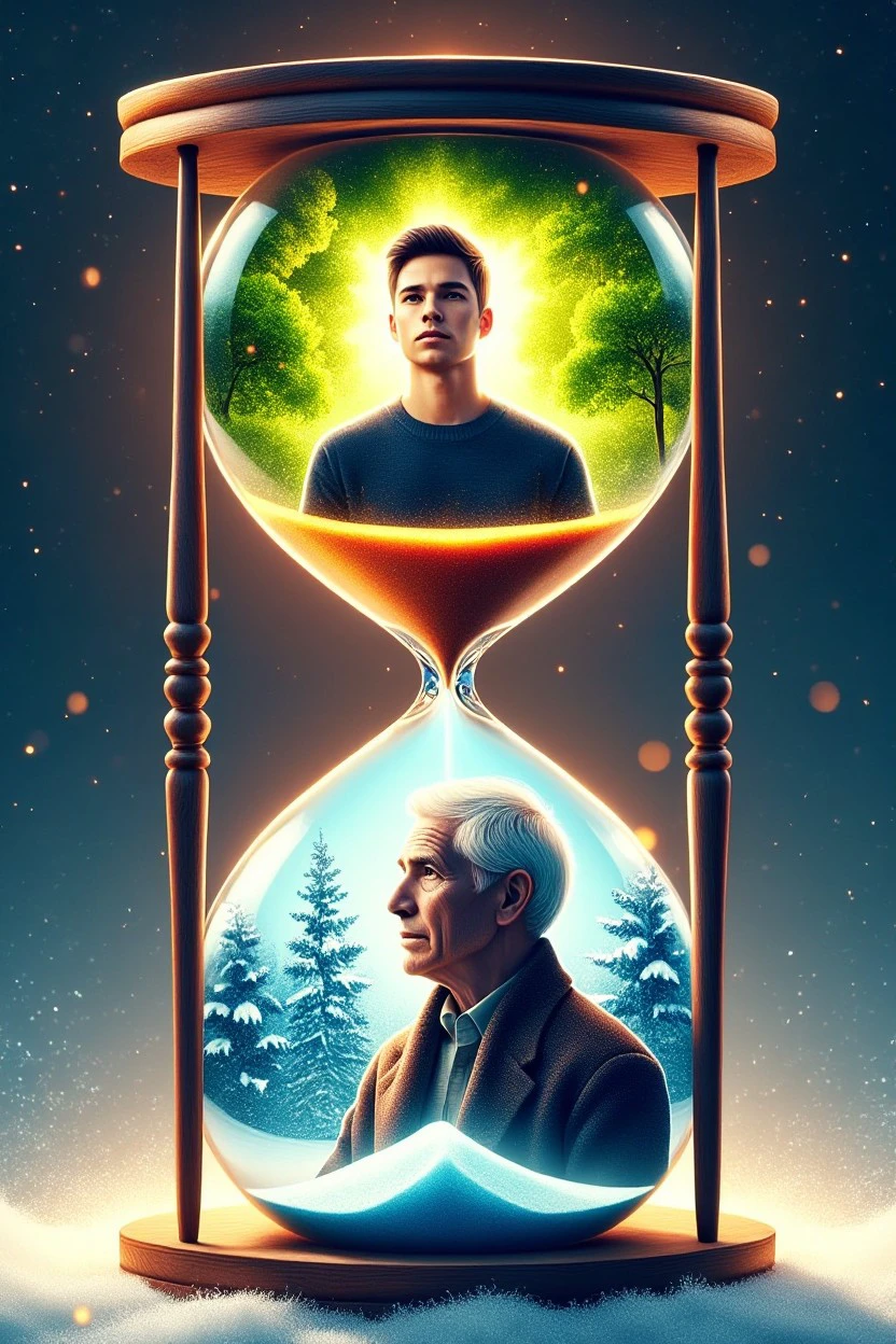 Hourglass style. Hourglass Top: A young man standing in a lush, green forest, with the sun shining brightly in the background, representing the energy and vitality of youth. Hourglass Bottom: An older man standing in a snowy, wintry landscape, with a calm and reflective expression, symbolizing wisdom and the passage of time. Background: The hourglass is placed on a bed of soft, glowing snow, with a warm glow emanating from the center, illustrating the connection between youth and old age, and the inevitable passage of time.
<lora:flux_events_Hourglass_style:1>