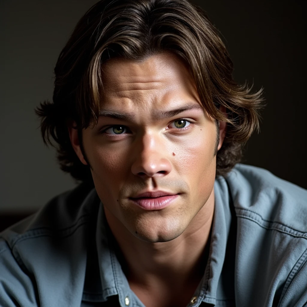 (padalecki, handsome male 20 yo, athletic) looking at viewer, from below, casual clothes, portrait, close up view