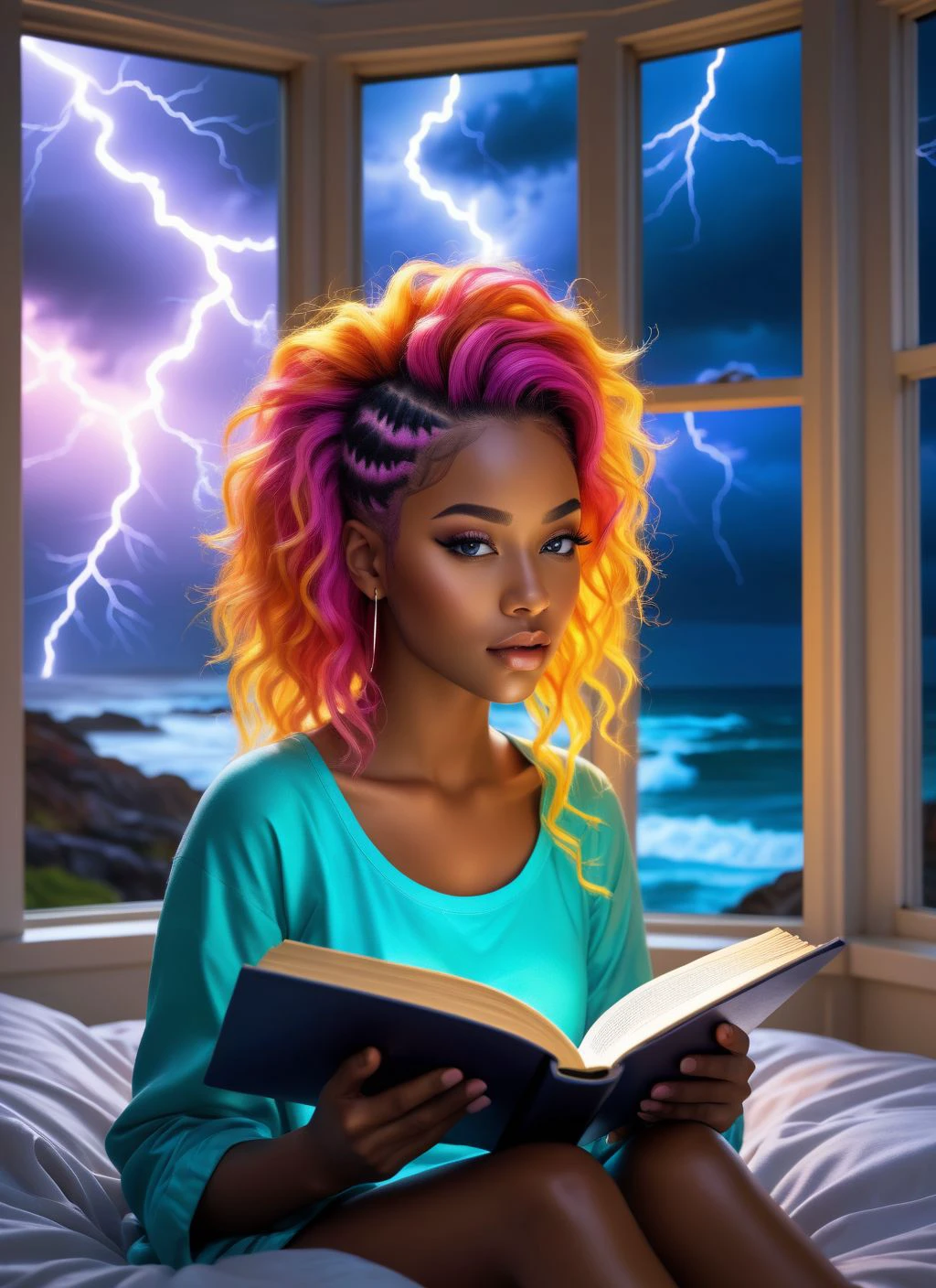 large bay window, lightning, stormy ocean view
beautiful, African American girl, vibrant neon hair, laying, reading a book