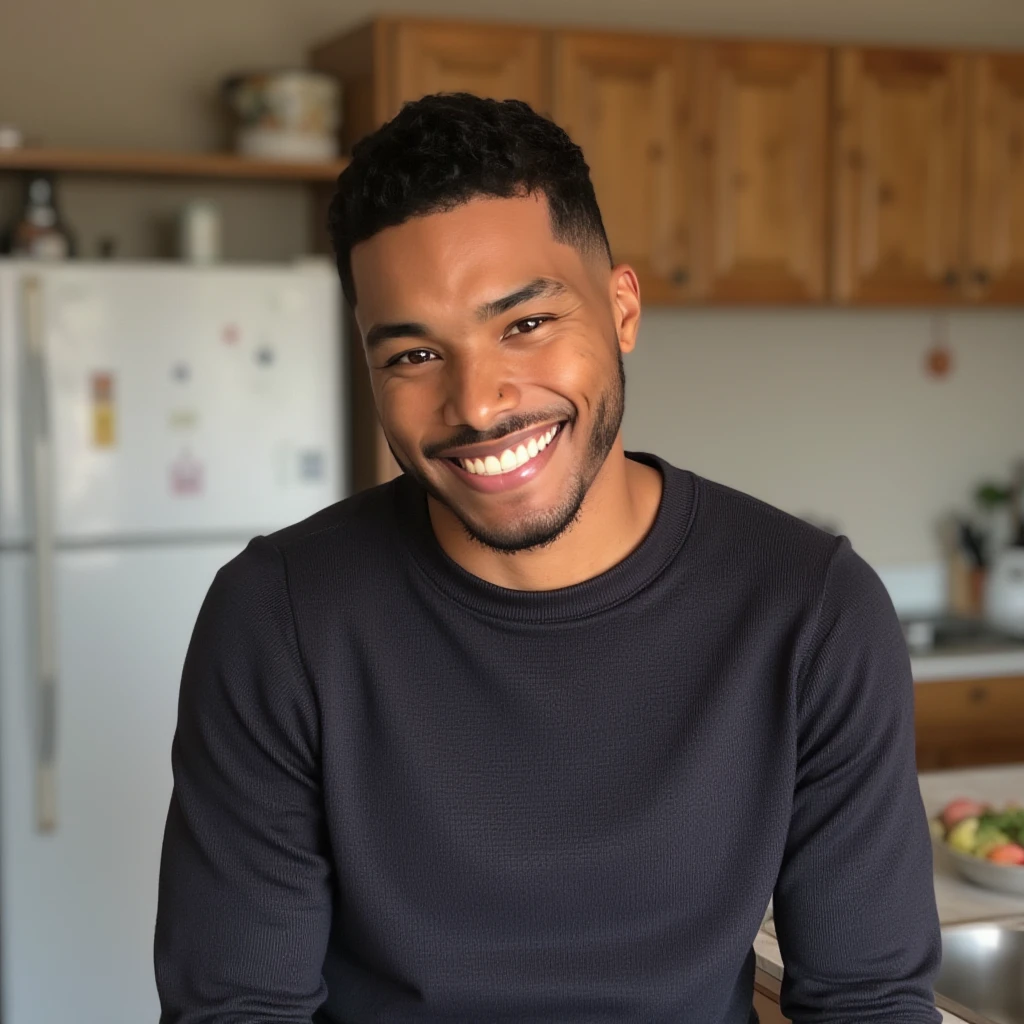 man,  smiling, sweater, kitchen, r0m3