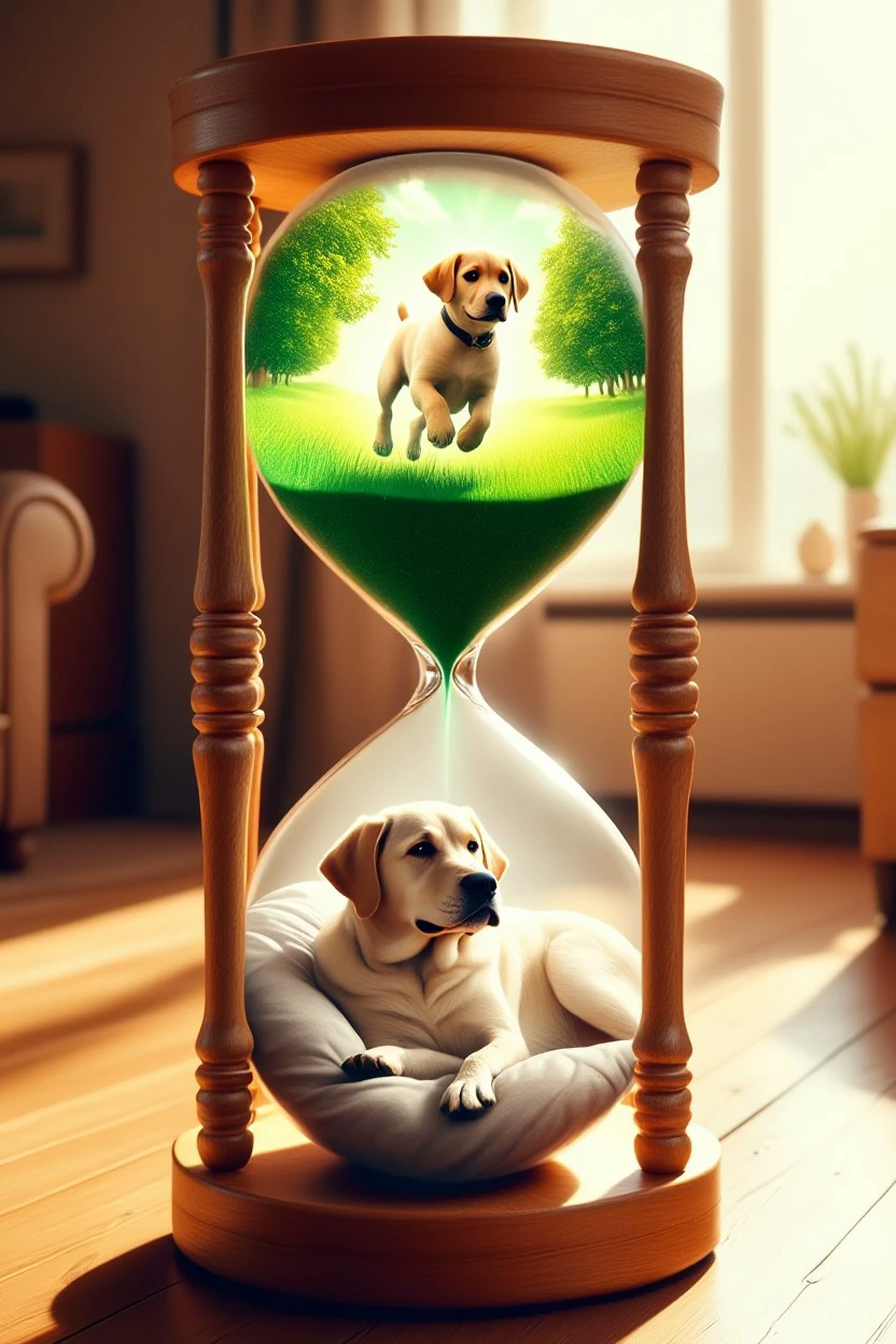 Hourglass style. Hourglass Top: A playful little Labrador dog running in a vibrant, green park, with sunlight streaming through the trees, capturing the joy and energy of youth. Hourglass Bottom: An old Labrador dog lying peacefully on a cozy bed in a warm, sunlit room, representing the comfort and tranquility of old age. Background: The hourglass is set on a wooden floor in the room, with a gentle glow surrounding it, symbolizing the transition from playful energy to peaceful rest, and the passage of time in the life of the Labrador dog.
<lora:flux_events_Hourglass_style:1>