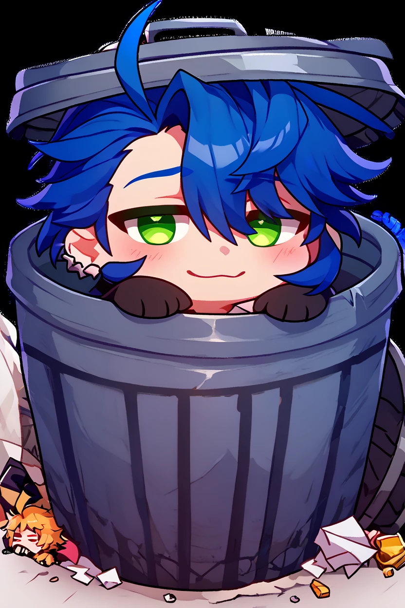 score_9, score_8_up, score_8, BREAK, <lora:Trash_Waifu_PDXL:1.0>, zzTrashWaifu, in trash can, 1boy, :3, ahoge, blue hair, chibi, furrowed brow, green eyes, hair between eyes, honkai: star rail, honkai (series), looking at viewer, male focus, sampo koski, transparent background, lid on head (text focus, the word trash:1), BREAK, embedding:zPDXL, Expressiveh, <lora:CatalystStylePDXL:0.6>, <lora:SDXLFaeTastic2400:0.5>, <lora:Expressive_H-000001:0.4>,