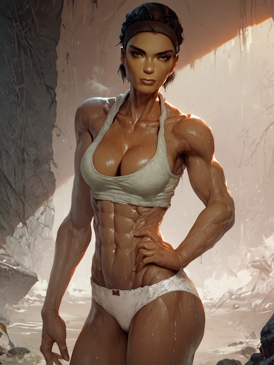 score_9, score_8_up, score_7_up,
beautiful athletic alyx_vance, cheekbones, looking at viewer, dark skin, collarbones, abs, cleavage, dominant female, predator sight, sweat, dark skin,white panties,
<lora:cutesexyronutts_style_xl:0.8> <lora:Fant5yP0ny:0.8> <lora:Alyx:0.8>