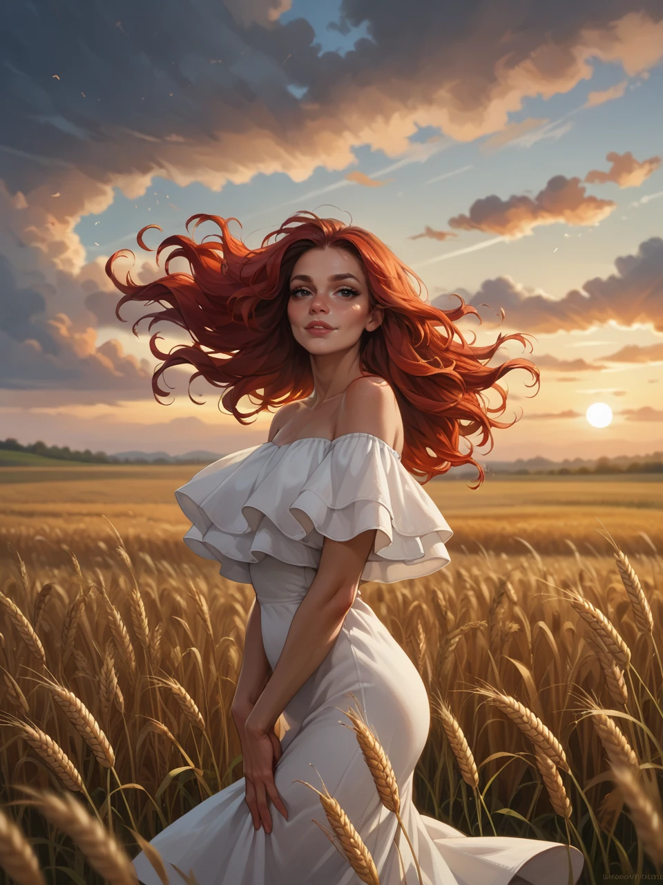 score_9, score_8_up, score_7_up, score_6_up, rating_explicit, girl, red hair, black eyes, fl0unc3dr355, white dress, off shoulder, dynamic pose, flowing hair, wind, orange and red colors, wheat field, heavy clouds, sunset, half body portrait, bokeh, depth of field, dramatic lighting, aesthetic