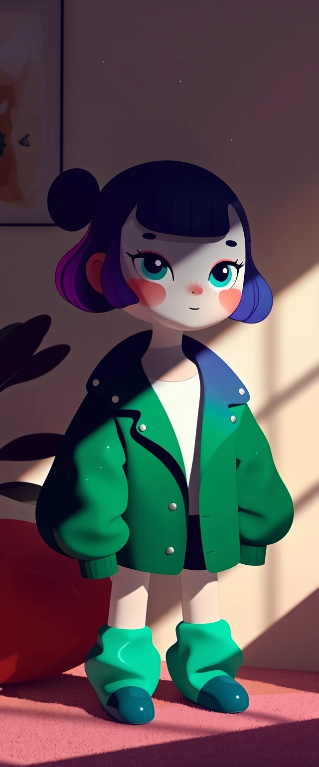 3d octane render dark dreamy art of a cute little minimalist girl, colorful balenciaga, shaping lighting and shadows, cosy setting