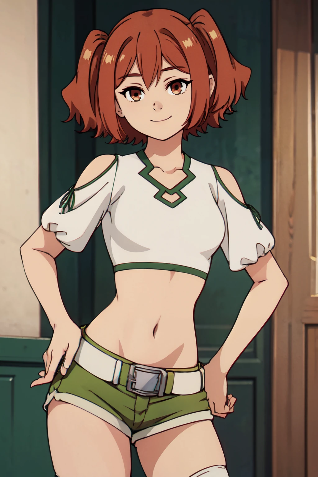 ((masterpiece,best quality)), absurdres,  BREAK, , <lora:Kanne_Sousounofrieren:0.8>,  zzkanne, short hair, brown hair, twintails, brown eyes,  shirt, thighhighs, navel, bare shoulders, white shirt, short sleeves, midriff, belt, white thighhighs, crop top, short shorts, clothing cutout, shoulder cutout, green shorts,, BREAK, hip to the side, hand on hip, contrapposto,, BREAK, solo, smile, looking at viewer, cowboy shot,