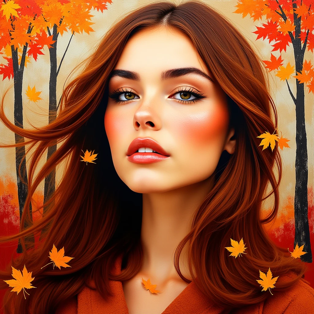 woman,light makeup, Expressionistic abstract painting utilizing a rough palette knife technique depicting the face of a woman with long flowing hair in the fall. The autumn theme is respresented through primary use of the colors red, orange and brown as well as autumn trees and leaves, m4d1s0n
