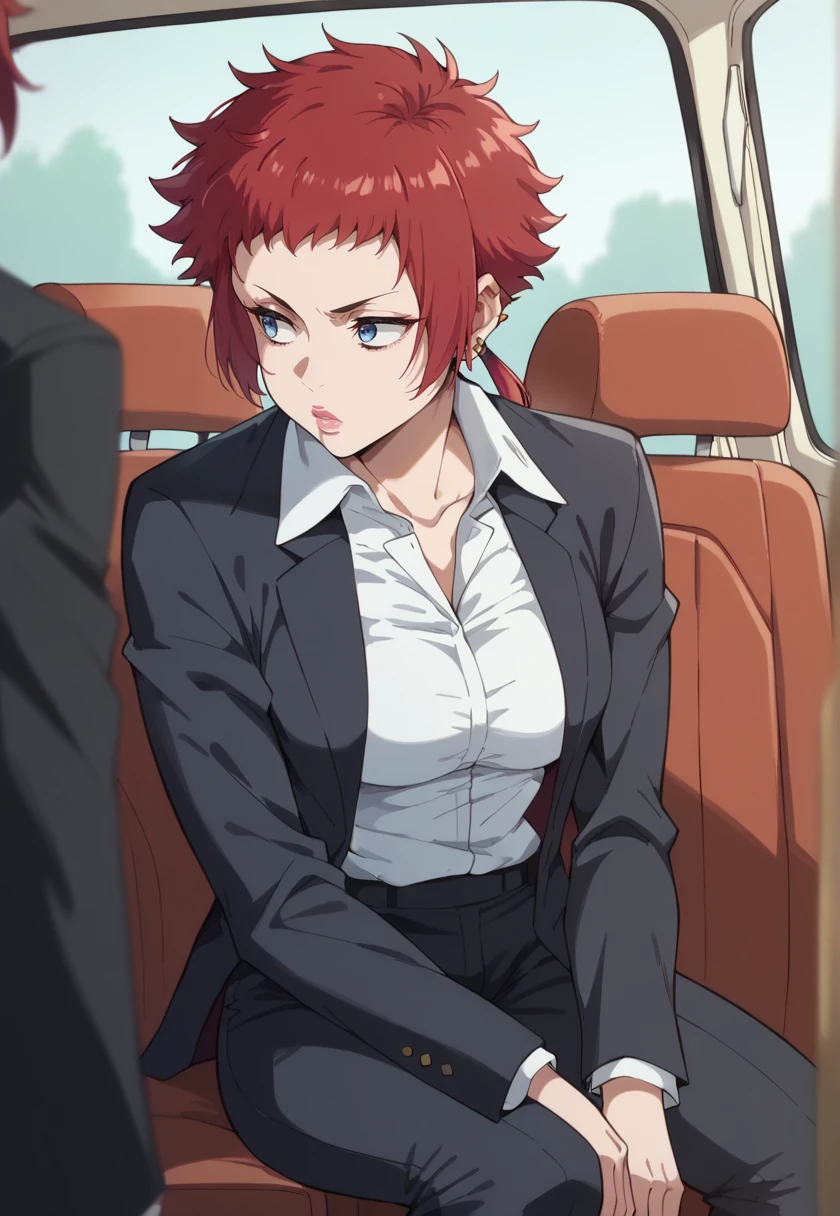 <lora:EmmaSamanda-10:1> emmasamanda, red hair, short hair, low ponytail, blue eyes, earrings, pink lips, medium breasts,  EmmaFormal, white shirt, black pants, black jacket, formal, suit, collared shirt, open clothes, long sleeves, open jacket, (focus, looking away), ground vehicle, motor vehicle, car interior, car,, 16k, masterpiece, absurdes, highly detailed, highres, high quality, best quality, score_9, score_8_up, score_7_up, score_6_up, shiny, shiny skin, shiny hair