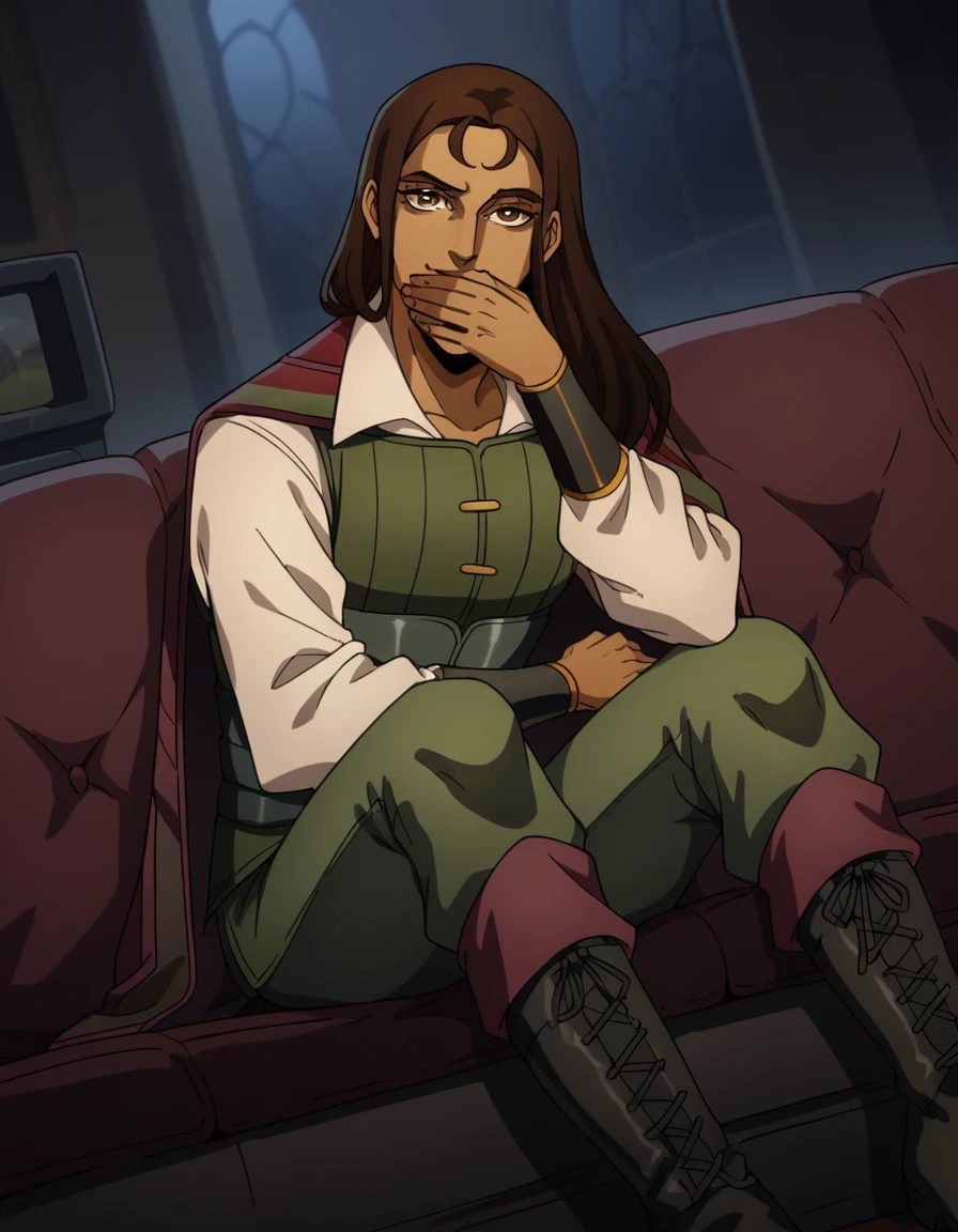 score_9, score_8_up, score_7_up, source_anime, <lora:castlevania-greta-ponyxl-lora-nochekaiser:1>, greta, long hair, brown hair, brown eyes, dark skin, dark-skinned female,, shirt, long sleeves, white shirt, boots, belt, pants, cape, black footwear, vest, knee boots,, living room, television, couch, popcorn, watching movie, night time, sitting,, smile, looking at viewer, hand covering mouth, solo,, cowboy shot, dutch angle