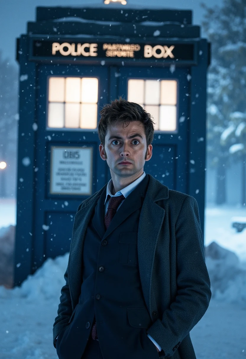 Doctor Who in front of the TARDIS, full view, the tardis is buried in deep snow, night, closeup of Doctor Who's face looking confused