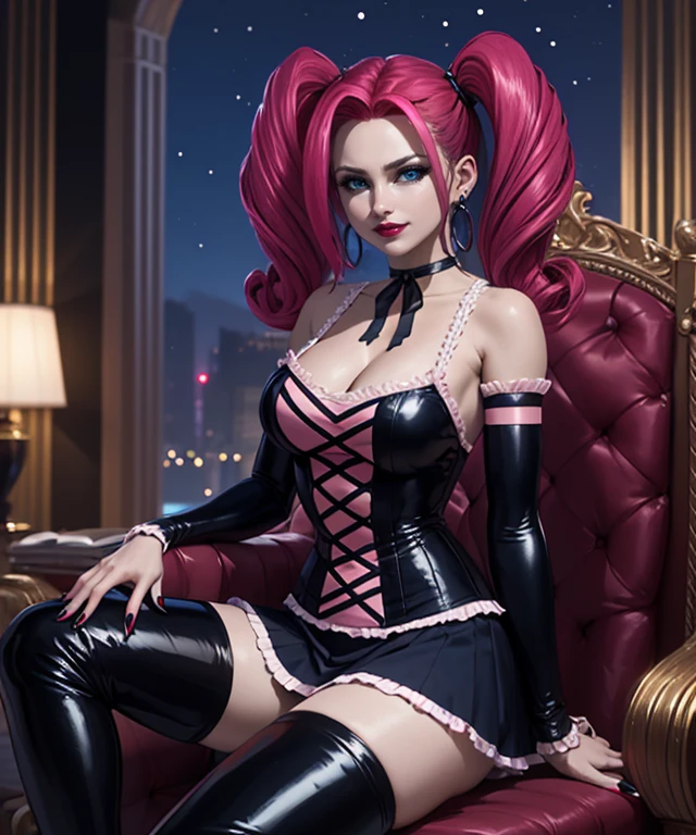 In a dimly lit beach with soft, warm lighting, a cute horny voluptuous girl sits with tiara on the sand, her long curly red hair with pigtails glistening in the glow. She wears a violet latex corset with sexy cleavage that seems to shimmer and shine like bioluminescent paint, matching the radiant red hue of her eyes. Her radiant glowing violet eyes are heterochromatic, detailed with long eyelashes and colorful irises, radiating confident eye contact. Her expression is sultry, with mesmerizing eye contact that draws the viewer in. Her big breasts have water on them and are perfectly rounded, with a large sag that adds to their allure. As she kneels forward, her legs spread invitingly, showcasing her confidence and sex appeal. The watercolor-inspired hues on her skin blend seamlessly, creating a photorealistic effect that's almost too beautiful to be real. Exquisite Face, (Highly detailed face 1.4), (Seductive, sexy facial expression:1.4), sweat flowing, detailed background, Depth of Field, volumetric light, crisp focus, realistic proportions, (Realistic, hyperrealistic:1.4), HDR 16K,((big breasts:1.4)), More Detail,