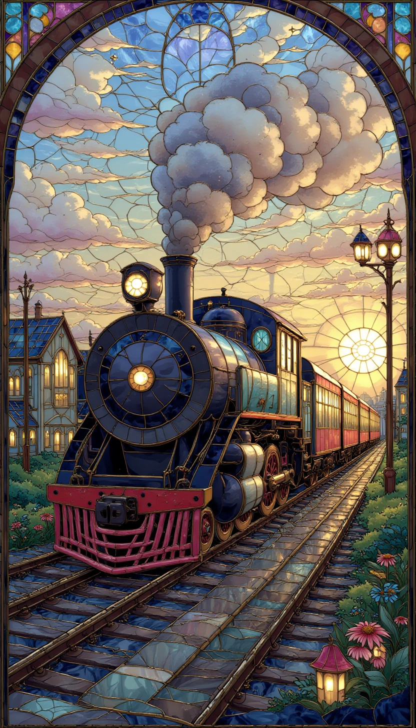 p1nk1est41n3dgl4ss, stained glass,a train speeding on railroad tracks, industrial, powerful engine, billowing smoke, vibrant colors, sunset glow