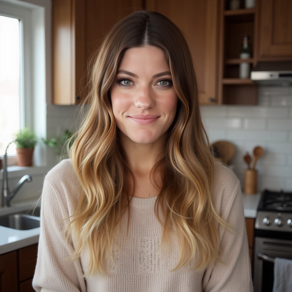 woman, light makeup, sweater, smiling, kitchen