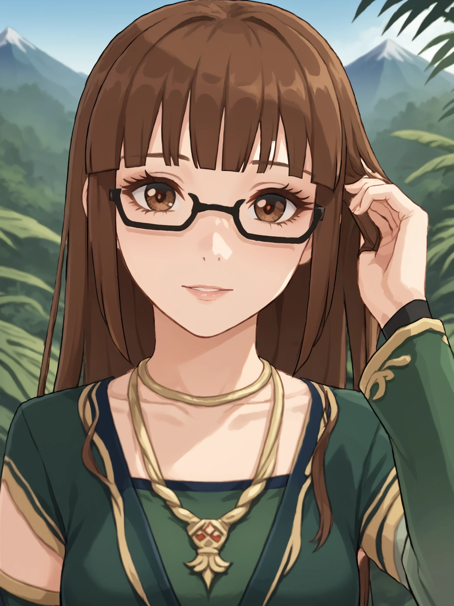 score_9, score_8_up, score_7_up, source_anime, BREAK
<lora:age_slider_v4:0>, (young, detailed eyes, detailed face, beautiful eyes, long eyelashes, thick eyelashes:1.5), (outdoors, jungle, forest, mountains, blue sky:1.5), (upper body, portrait, closeup:2.5), looking up at viewer, (facing viewer, facing forward, shy, embarrassed:1.5), pov, smile, (adjusting hair:1.5), (tilting head, head tilt:1.6), parted lips, BREAK
<lora:Genshin_NPC_Alrani_Pony_v1:0.8>, galrani, brown hair, brown eyes, blunt bangs, long hair, jewelry, necklace, bridal gauntlets, semi-rimless eyewear, green dress, long dress, black-framed eyewear, under-rim eyewear, green dress, (detached sleeves, long sleeves, wide sleeves:1.5),