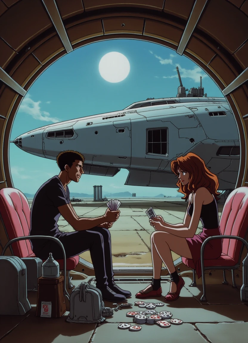 bebop_style, close up of a man and woman playing cards sitting in the cargo hold of a large rundown spaceship, large title text "COWBOY BEBOP STYLE" at the top centre