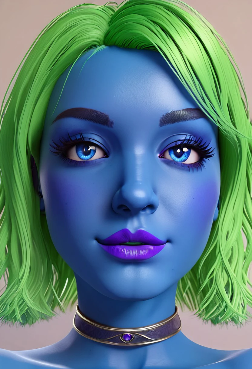 jannetblue, naked, nude, portrait, face, close up portrait, in the bedroom, blender, 3d, smooth, high details, masterpiece, 4k, smile, (blue skin), (green hair), (neckband), (purple lips), (blue eyes), sexy, cute, woman, girl