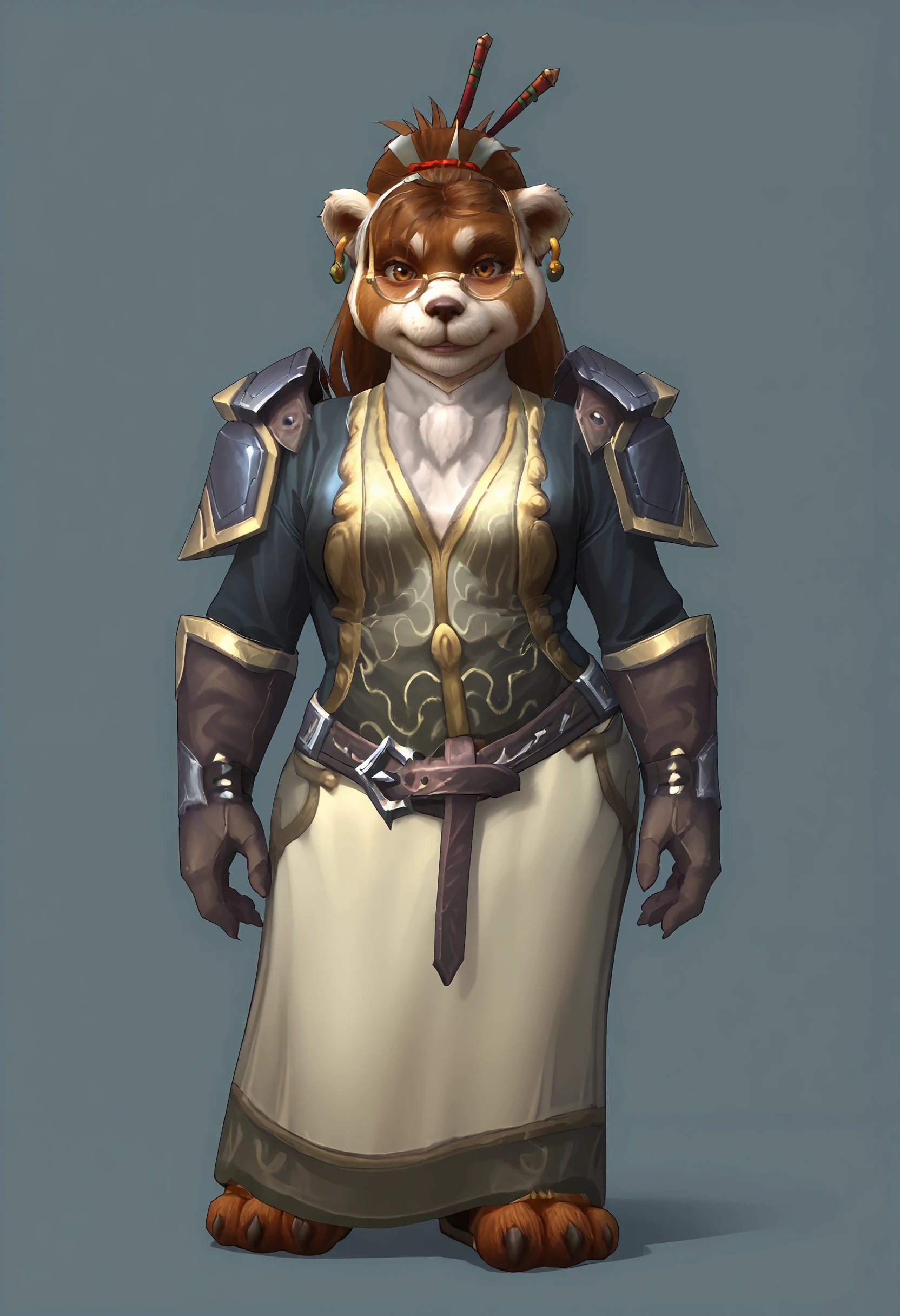 score_9, score_8_up, score_7_up, score_6_up, score_5_up, score_4_up, 1girl, <lora:PandarenHeadmistressWOW:0.85> solo, breasts, furry, animal ears, brown hair, brown eyes, armor, earrings, jewelry, hair ornament, glasses, hair stick, shoulder armor, belt, standing, full body, smile, 
light blue background, simple background,