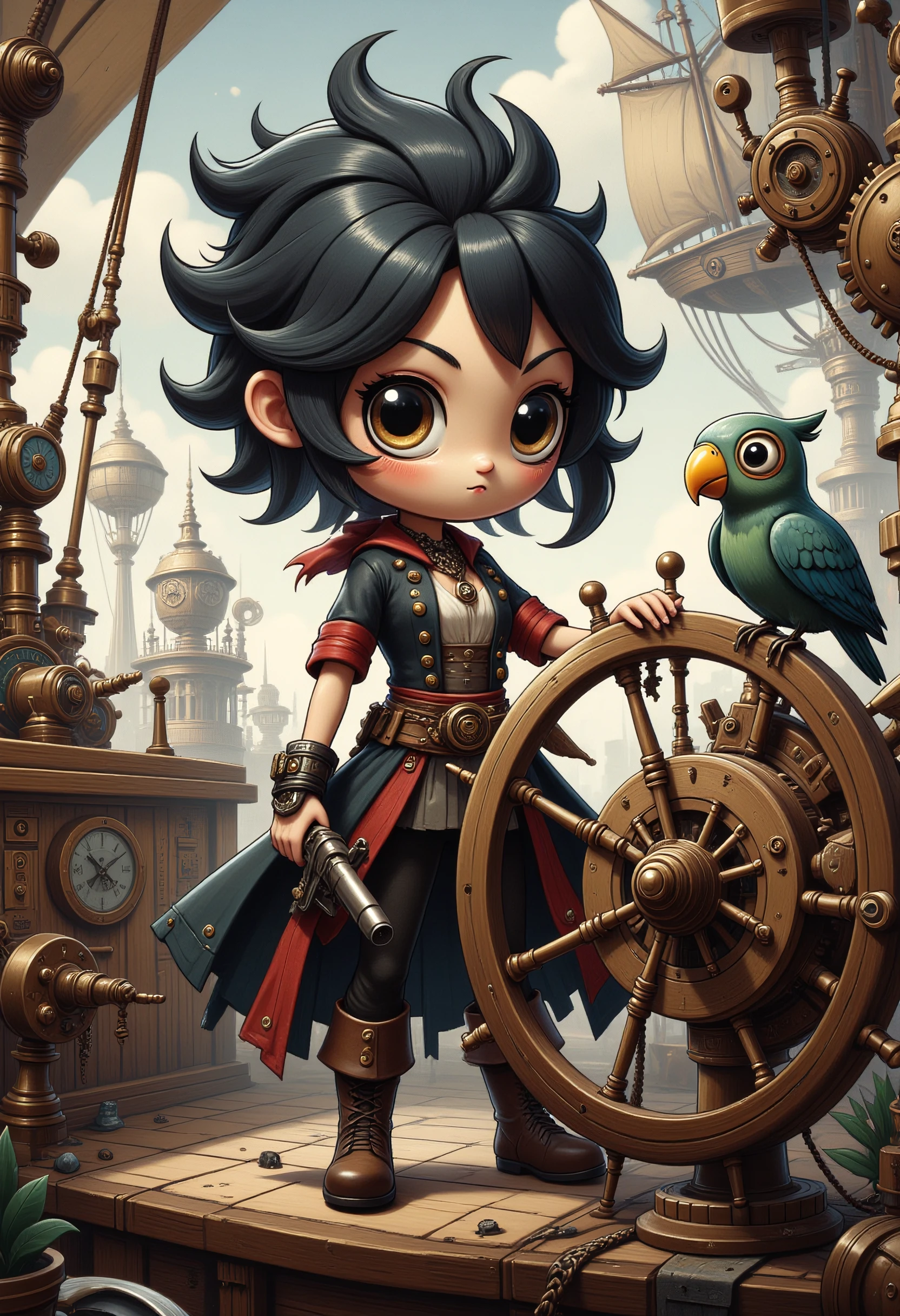 piratepunk style, swashbuckling captain stands at the helm of a steam-powered airship, mischievous glint in her eye. Her hair is a wild tangle of curly black locks. Miniature clockwork parrot that perches on her shoulder. Traditional pirate garb with a steampunk flair, wide leather belt and a holstered flintlock laser at her hip. 
The airship itself is a marvel of steam-powered engineering, with hissing pipes and spinning gears that seem to be held together by a combination of twine and sheer force of will. The overall effect is one of gritty, industrial-era piracy, with a healthy dose of science fiction thrown in for good measure  . swashbuckling and adventurous aesthetic with pirate-inspired elements, high-tech machines, and futuristic technology, technopunk style . technological and high-tech aesthetic with advanced mechanical technology, innovative elements, and futuristic machines