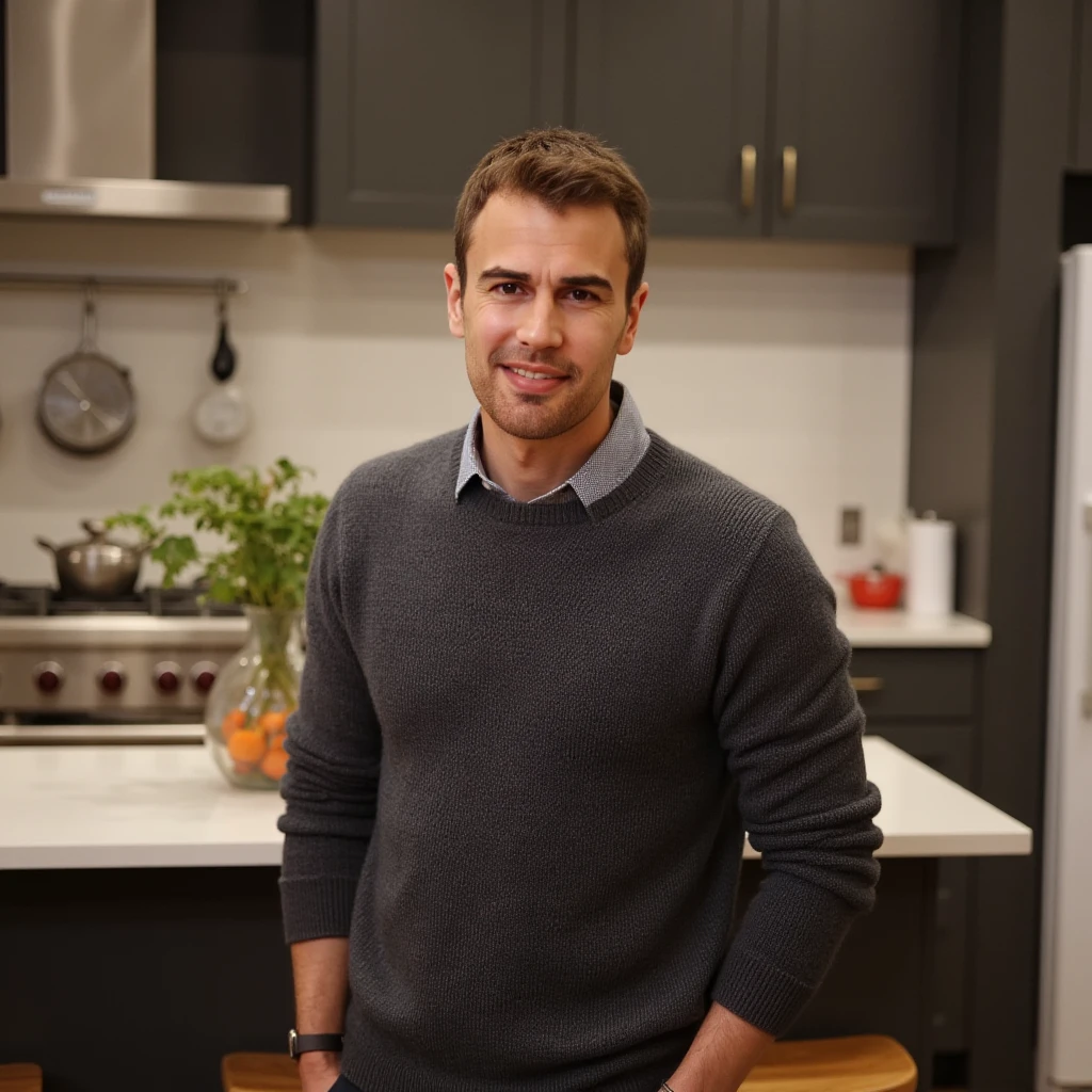 photo of a man, wearing a sweater, in a kitchen