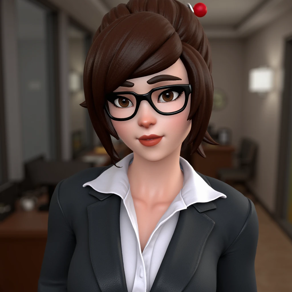 indoors, office_lady, full_body, business_suit, 
1girl, mei (overwatch), solo, glasses, hair stick, hair ornament, black-framed eyewear, brown hair, single hair bun, hair bun, portrait, short hair, swept bangs, bare shoulders, makeup, lipstick, open mouth, brown_eyes,  lips, red lips, 