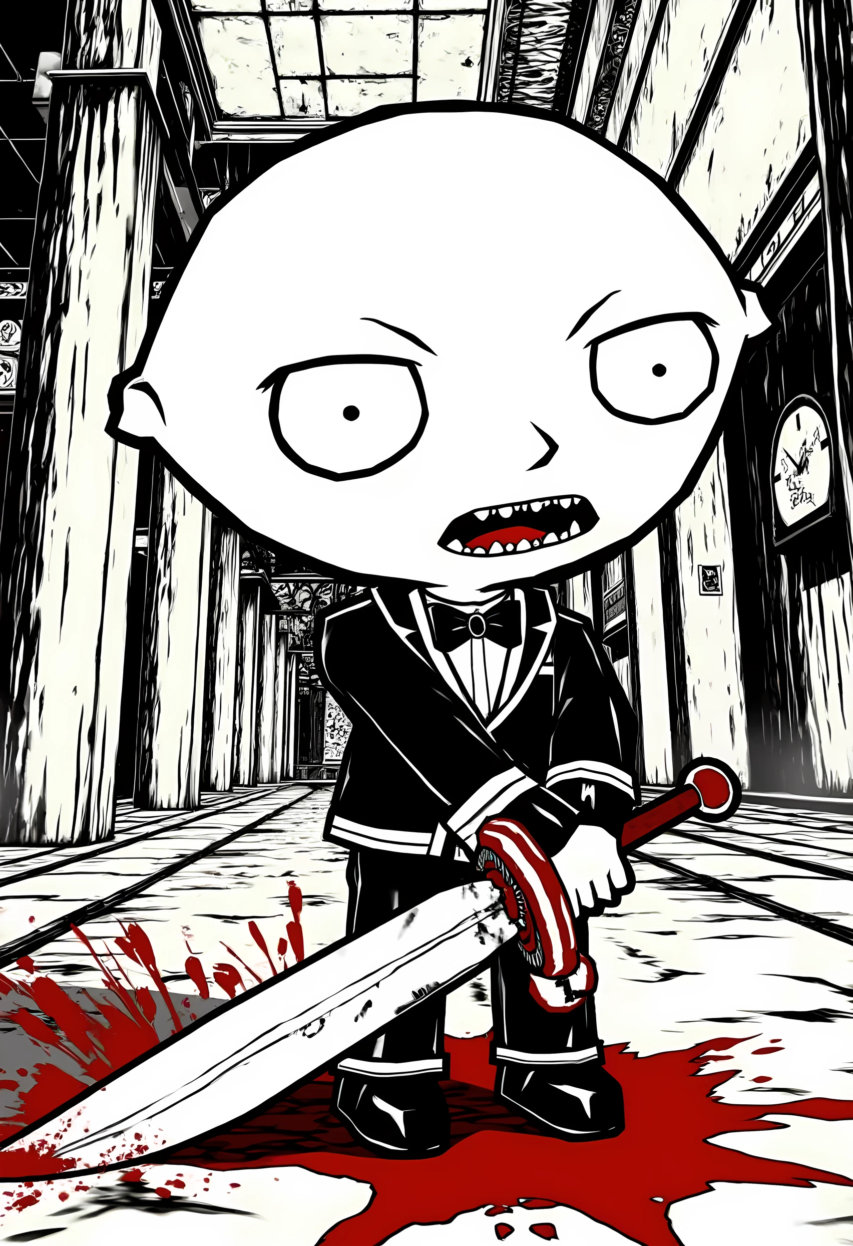 madworldstyle, monochrome, Stewie Griffin wielding a large sword. There is blood everywhere. 