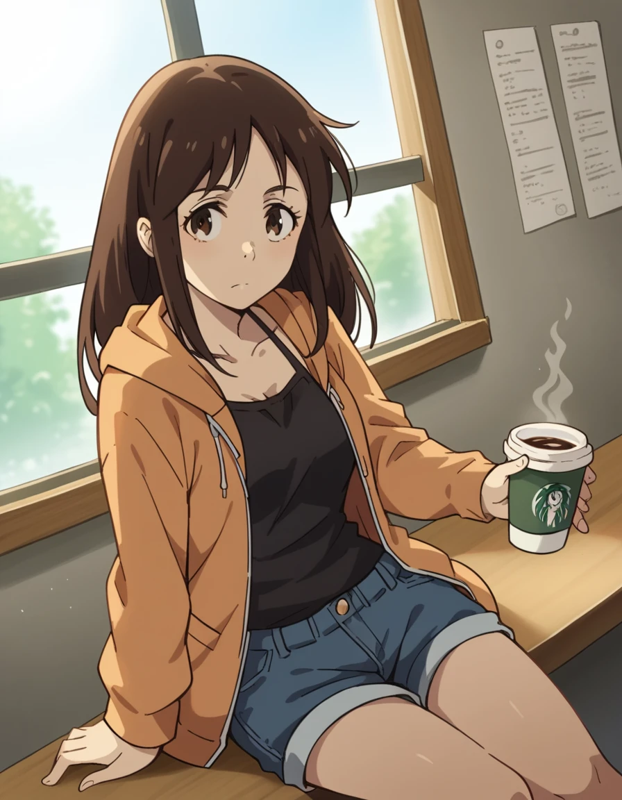 score_9, score_8_up, score_7_up, source_anime, <lora:airi-katagiri-s1-ponyxl-lora-nochekaiser:1>, airi katagiri, long hair, brown hair, brown eyes,, jacket, open clothes, shorts, hood, hoodie, denim, blue shorts, denim shorts,, cafe, coffee cup, barista, sitting down, talking, relaxing, sunlight through window, , looking at viewer, arm holding an object, solo,, cowboy shot, dutch angle