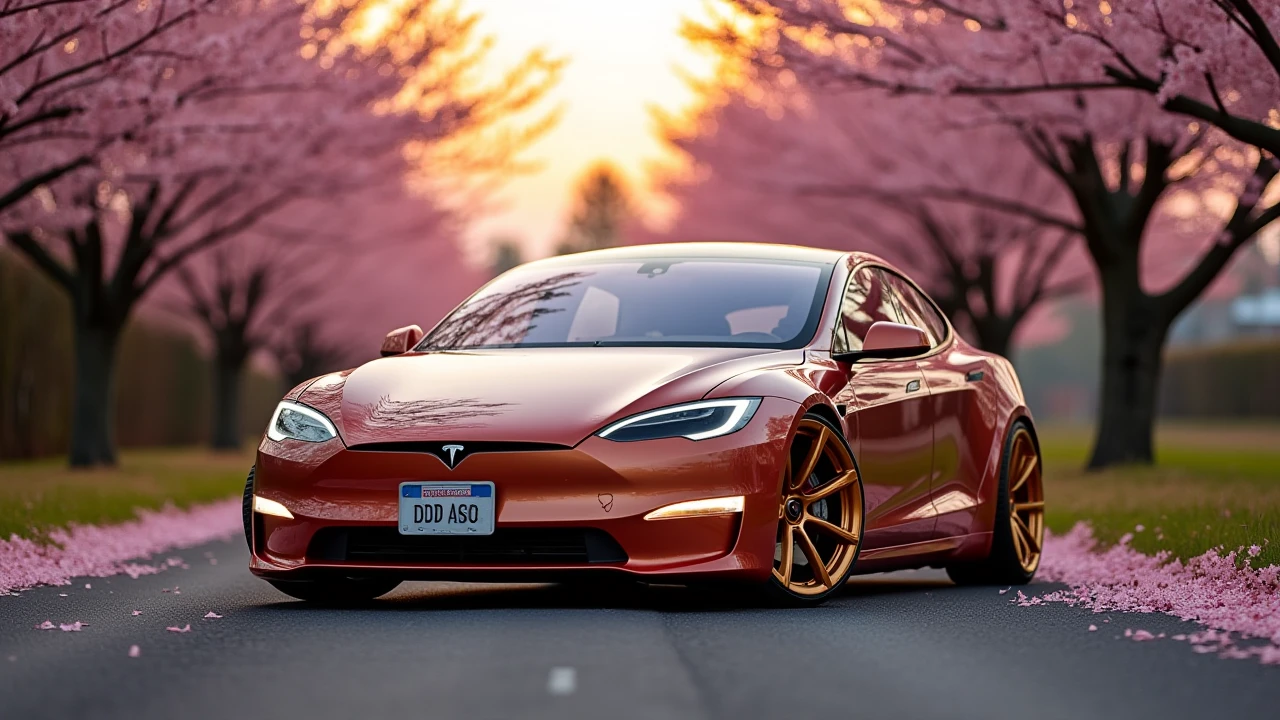 a photo of a rose gold Tesla Model S plaid at rural japanese street,cherry blossom trees,tilt-shift,Numberplate says "plaid",nice white gold rims,chicago,sunset,dramatic camera angle,<lora:Tesla_Model S_Plaid:1>