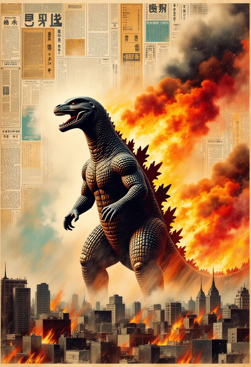 <lora:NstlgaNv__flux_EliPot:1> newspaper, collage, godzilla with orange fire billowing off of body standing in a ruined city roaring into the sky, with black smoke rising and fire burning in background