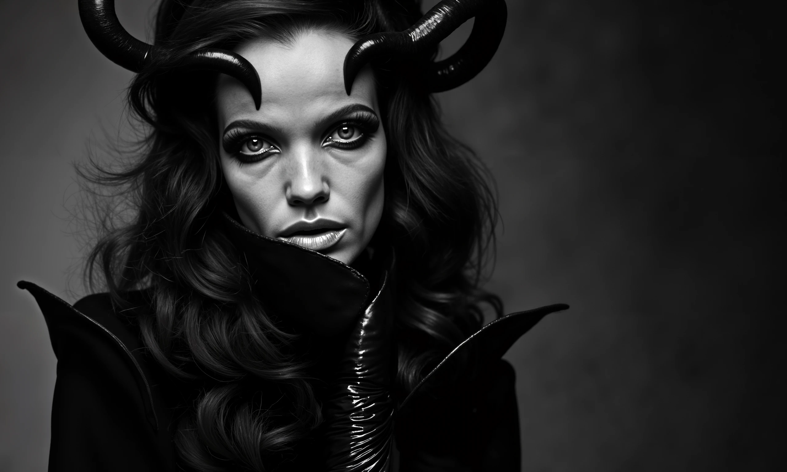 Veruschka,a dark, surreal black-and-white portrait featuring Veruschka, the iconic 70s model, styled as a mysterious, gothic figure with long flowing hair. She should be wearing twisted, demonic horns, similar to the reference image, and have black gloves with a hauntingly elegant pose. The overall tone should be dramatic and eerie, with shadows and high contrast, evoking an avant-garde 1970s vibe. Capture her as a fierce, otherworldly character, blending high fashion with gothic and surreal elements