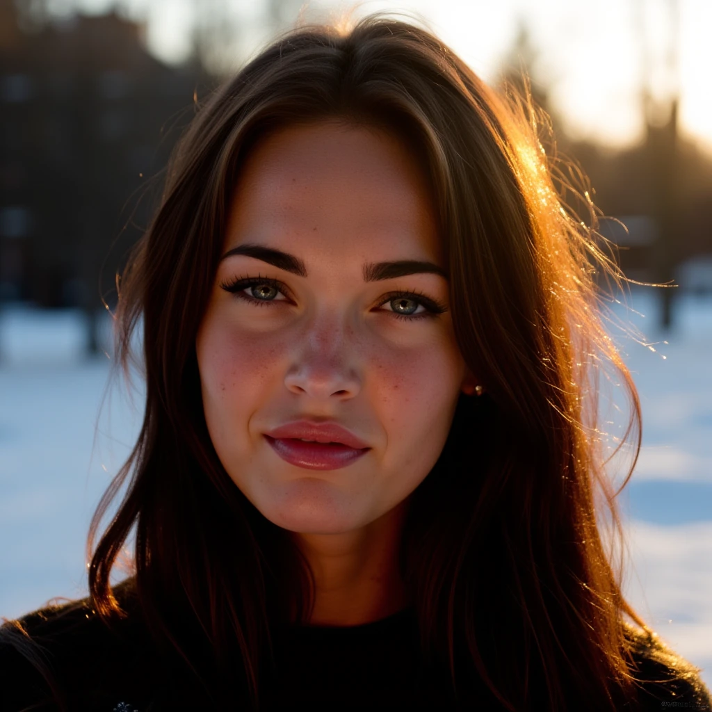 woman, light makeup,Instagram photo of a woman with freckles on her face in the winter outdoors with silhouette illumination of her hair by evening sunlight. Taken with a ProPhoto iPhone camera.