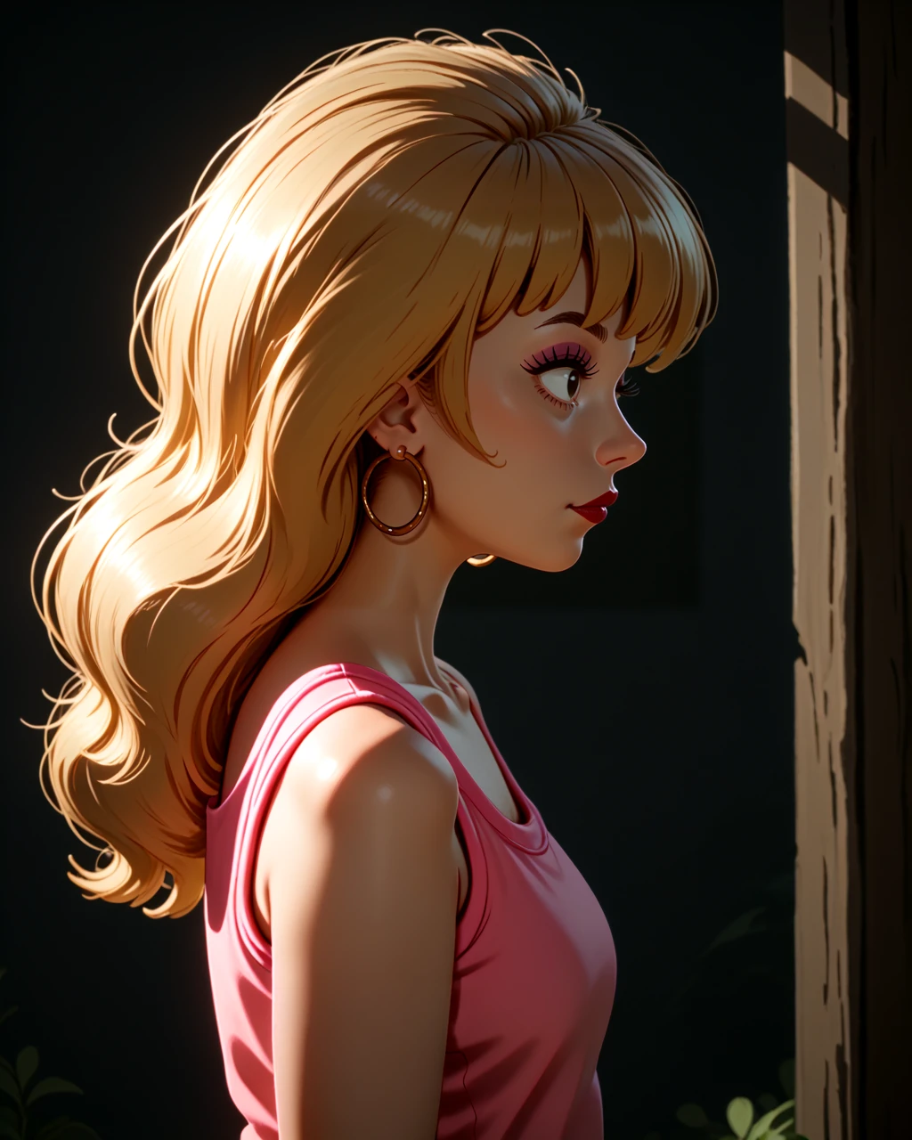 score_9, score_8_up, score_7_up,  <lora:Tinona_Sumouski_PONY:1> 1girl, blond hair, black eyes, makeup, big hair, long hair, hoop earrings, pink shirt, jorts, jean shorts, sleeveless shirt, pink tank top, portrait, side view, profile view