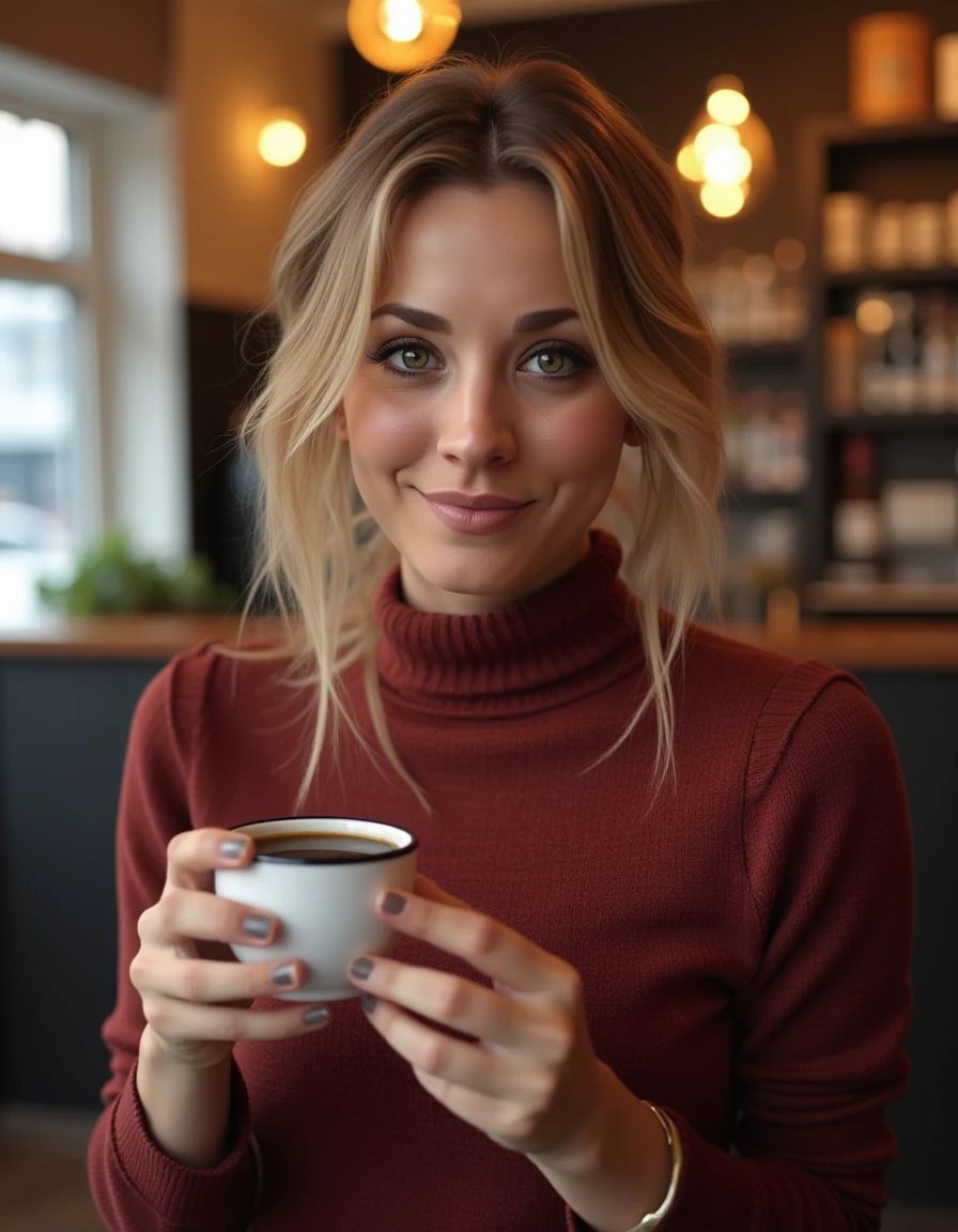 <lora:Kaley_Cuoco_Flux:1> realistic photo of kaleycuoco,  wearing a turtleneck fitted sweater dress, in a cafe having a coffee. looking at the viewer, smiling