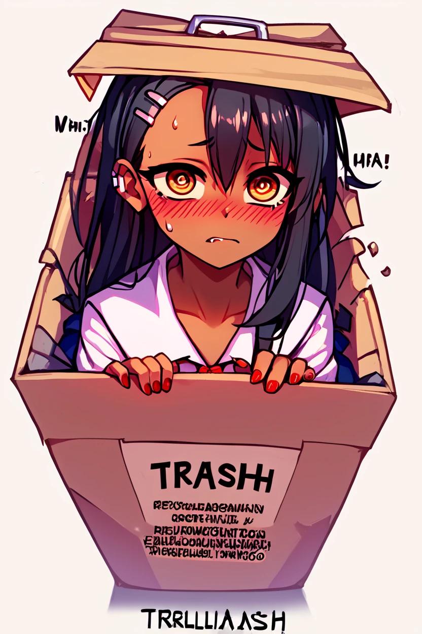 score_9, score_8_up, score_8, BREAK, <lora:Trash_Waifu_PDXL:1.0>, zzTrashWaifu, in trash can, source_anime, hayase nagatoro, long hair, bangs, black hair, hair ornament, brown eyes, hairclip, fang, dark skin, dark-skinned female, tan, skirt, shirt, school uniform, white shirt, pleated skirt, nail polish, blue skirt, red nails, earclip, sad, blush, simple background, hair ornament, white background, hair between eyes, sweat, shaded face, box, @_@, cardboard box, gloom (expression), in box, red text, the word trash, (text focus, the word trash:1), BREAK, embedding:zPDXL, Expressiveh, <lora:CatalystStylePDXL:0.6>, <lora:SDXLFaeTastic2400:0.5>, <lora:Expressive_H-000001:0.4>,