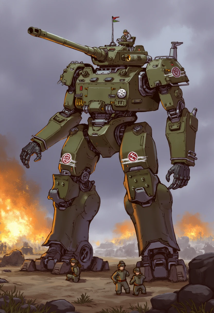 An illustration of a Warhead. The Warhead is a large, mechanized humanoid combat vehicle depicted in a detailed, semi-realistic digital art style. It stands upright on two legs, resembling a bipedal robot. The Warhead has a bulky, tank-like torso with a long, cylindrical barrel protruding from the top, suggesting it is armed with a large-caliber cannon. The torso is adorned with numerous mechanical details, including rivets, pipes, and control panels, giving it a rugged, industrial appearance.  The Warhead's head is reminiscent of a helmet, with a visor covering the eyes and a small antenna rising from the top. On the left shoulder, there is a large, circular emblem with the number "34" in the center. The right shoulder has a similar emblem but with a different number. The Warhead's legs are thick and sturdy, ending in large, clawed feet.  In front of the Warhead, three small, humanoid figures are depicted. These figures appear to be human pilots or crew members, dressed in military-style uniforms with helmets. They are positioned in a way that suggests they are operating or maintaining the Warhead. The background is detailed and placed on a battlefield with explosions and fire the sky is stormy.<lora:WarheadFlux-sv_fro-0.97-16:1>