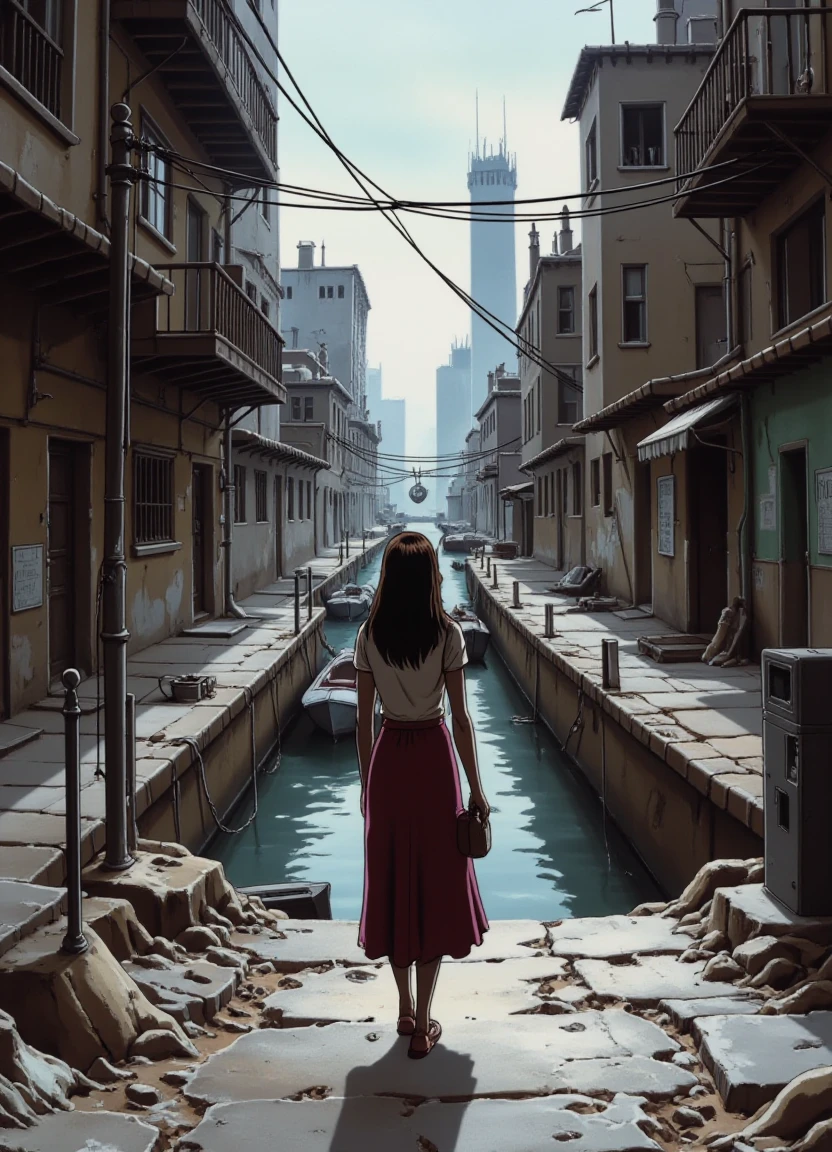 bebop_style, a woman walks a rundown city slum street while looking out over a canal