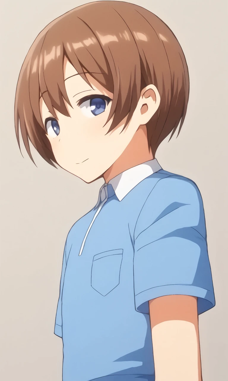 score_9, score_8_up, score_7_up, source_anime, anime illustration, masterpiece, best quality, lots of details, BREAK
1boy, solo, 18 years old, femboy:0.1, adult, ayatoharuno, brown hair, blue eyes, blue shirt, short sleeves, collared shirt, looking at viewer, side view, from below