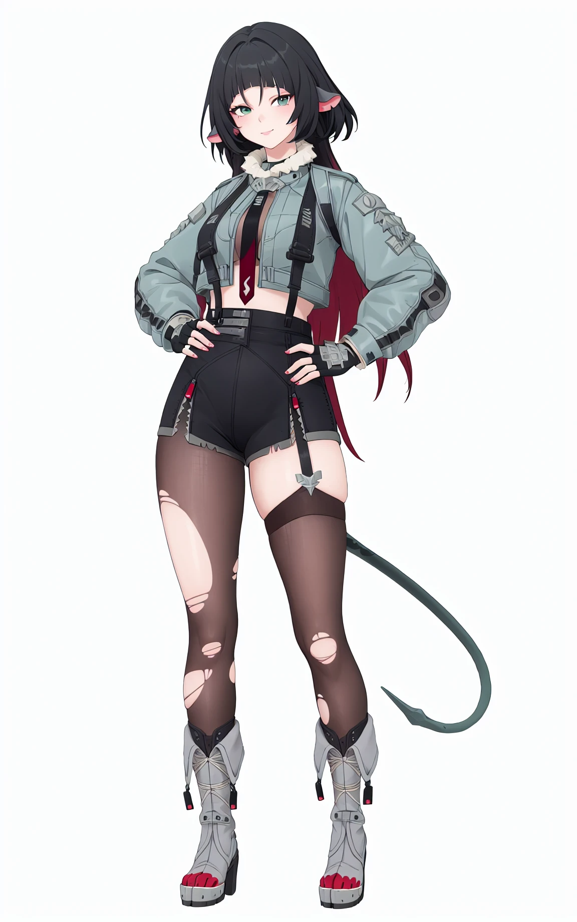 8k, best quality, masterpiece, (ultra-detailed), (high detailed skin), (by nanoless, by misumi \(macaroni\),:0.5),
A full-body portrait of a young girl, standing gracefully, pastel art style, high-key lighting, shoujo manga influence, hd quality, delicate details,
full body, full shot, standing, looking at viewer, (solo:1.2), simple background, white background, hand on own hip,
<lora:jiandoe-sd15:0.8>, jiandoe, tail, pointy ears, default clothes, green jacket, 1girl, black hair, torn clothes, gloves, fingerless gloves, shorts, torn suspenders, pantyhose, necktie, sling,