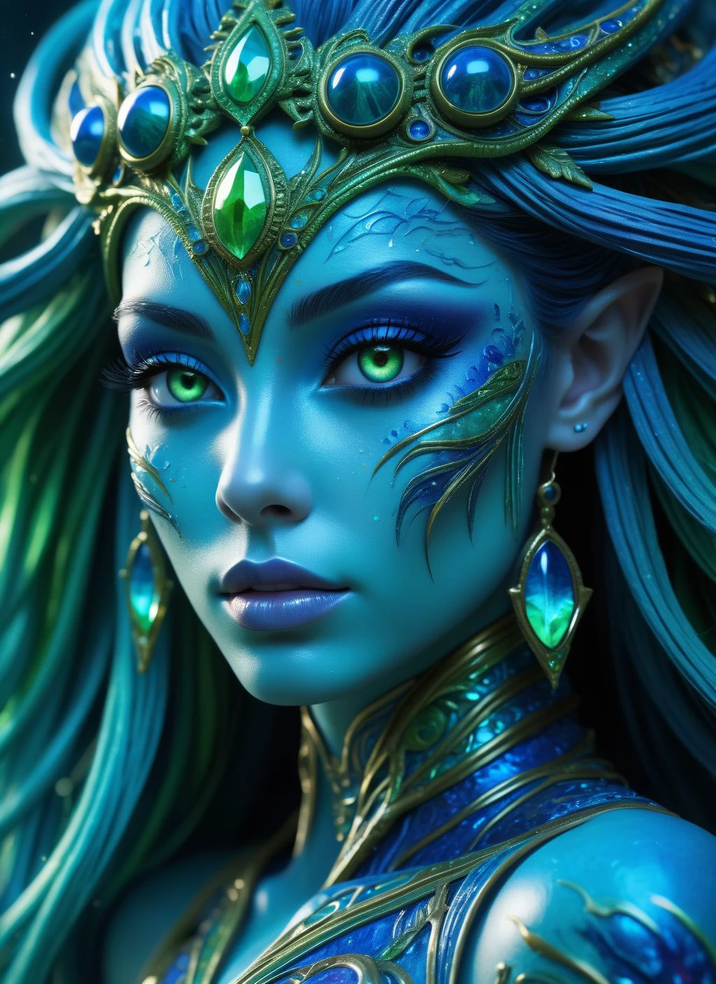 alien planet, vibrant colors
alien girl, blue skin, intricate green detailing