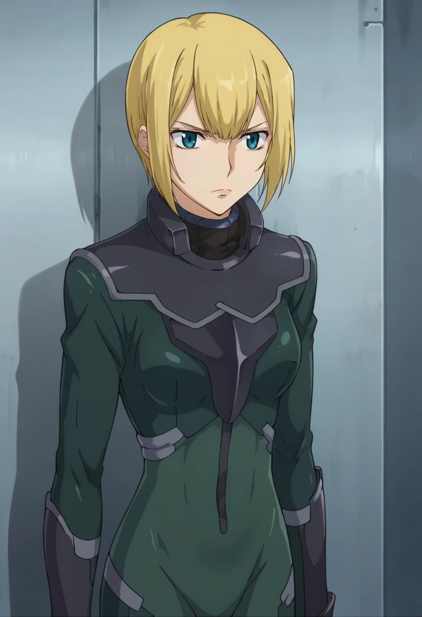 score_9,score_8_up,score_7_up,anime coloring BREAK source_anime,anime,<lora:Louise_Halevy_Gundam_00_Pony:0.8>,louise,1girl,solo,blue eyes,blonde hair,short hair,pilot suit,serious,leaning,against wall,indoors,