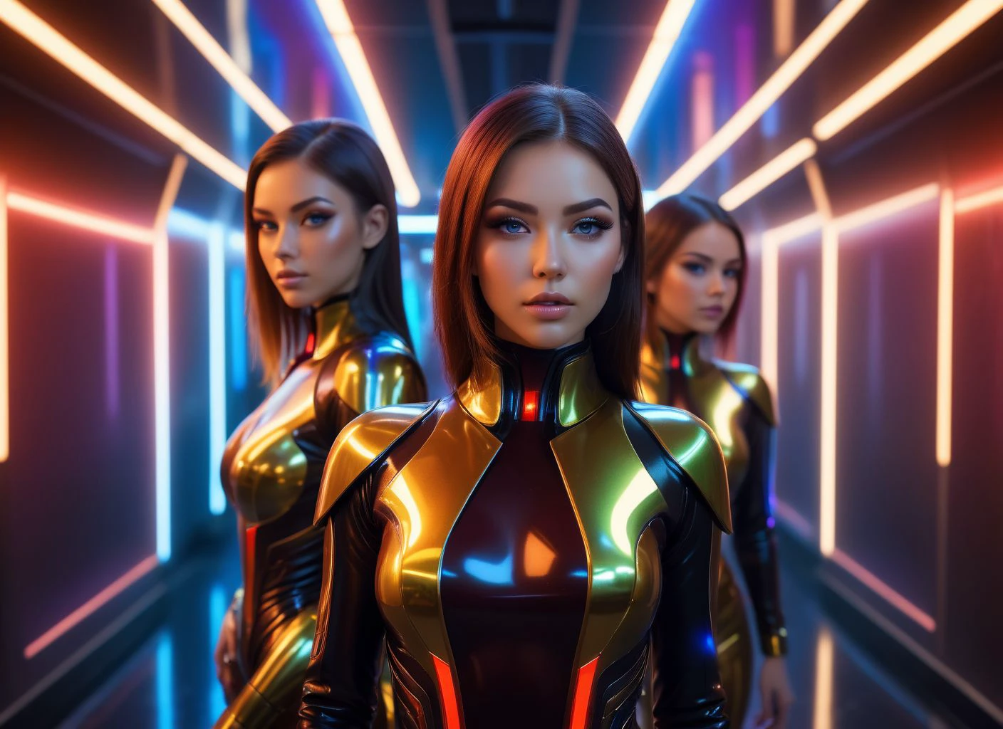 (futuristic spaceship, golden corridor, red lighting, dark)
2girls, unique, female, android, (rainbow neon glowing) clothing, facing viewer, closeup