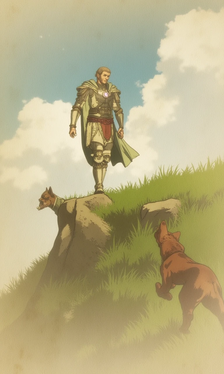 A mighty hero stands triumphantly on a hill, only to be knocked over by a playful dog that leaps out of nowhere, wagging its tail furiously.