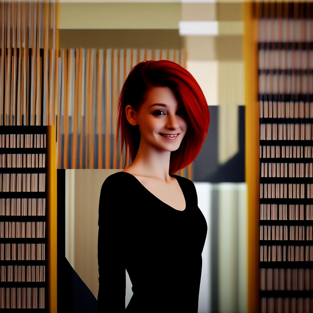 redhead, library, smiling, facing the viewer