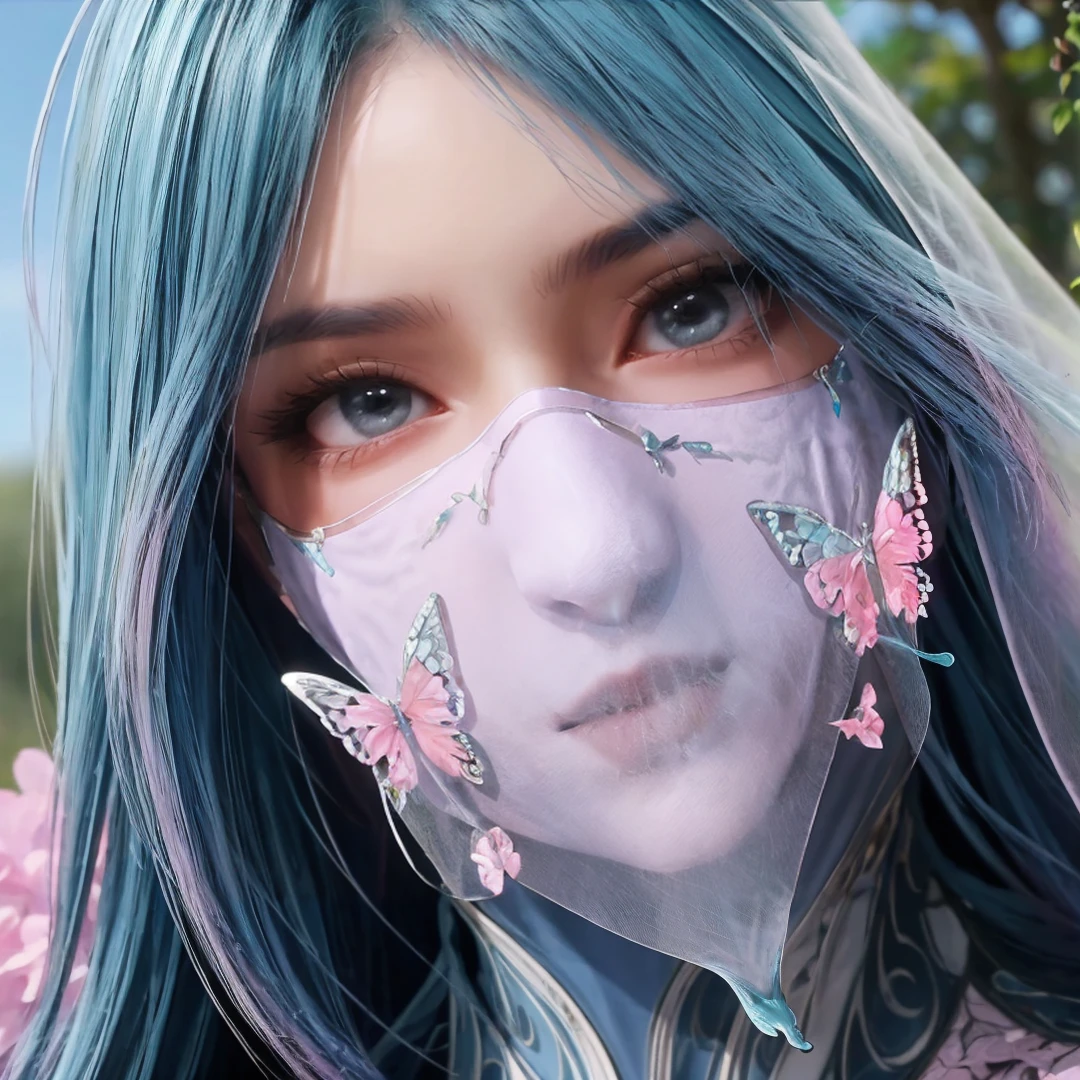 1girl,solo,long hair,blue hair,blue eyes,dress,long mouth veil,very long veil mask,outdoors,in flower,((pink flower)),(butterfly),((blurry_foreground)),((realistic)),close-up,Highly detailed,(ultra-detailed),(best quality,masterpiece:1.5),<lora:dldl-wangqiuer:0.7>,