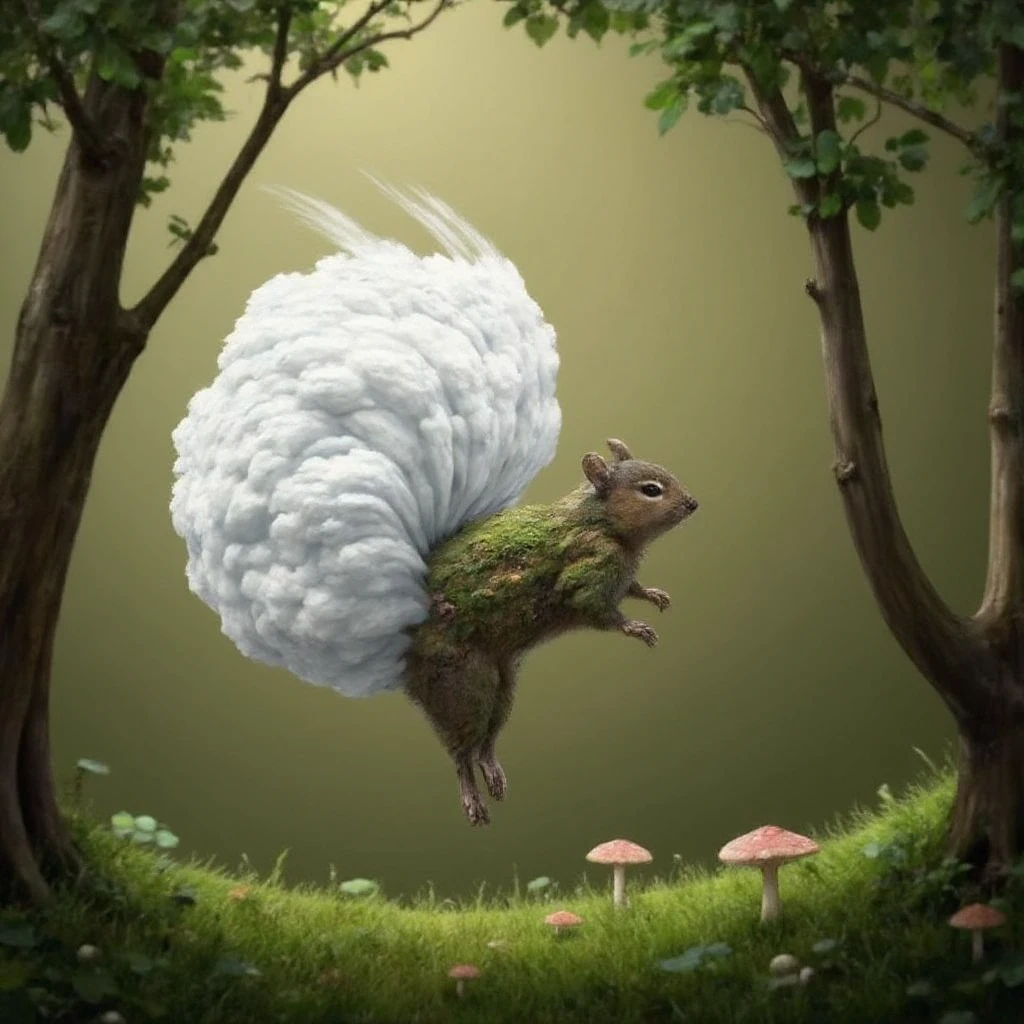 Juaner_whimsy,
A squirrel with a tail made of fluffy, swirling clouds, leaping from tree to tree in a magical forest. Its fur is soft and mossy, and small mushrooms grow along its back. The squirrel’s cloud tail leaves wisps of mist behind as it moves, creating a dreamy, ethereal effect in the dappled sunlight.