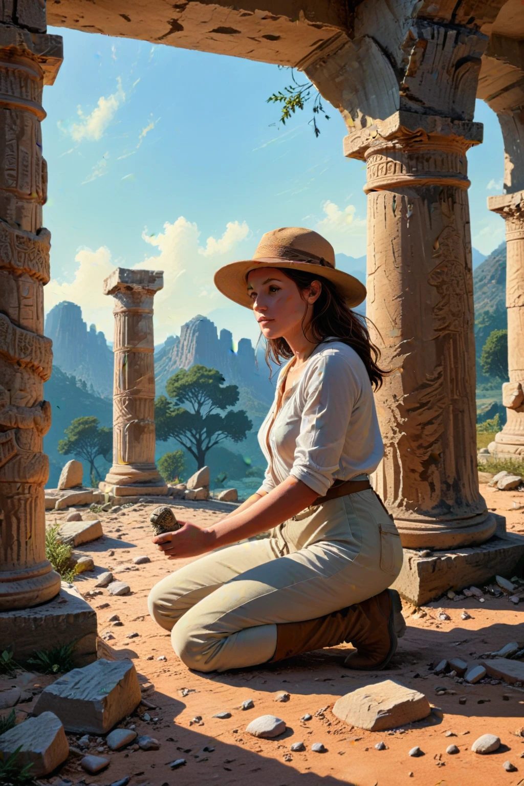 <lora:Graphic_Novel:0.6> graphic novel, In the heart of an ancient Greek ruin, a dedicated archaeologist kneels before a weathered Doric column, her keen eyes fixed upon a mysterious relic cradled in her gloved hands. The midday sun casts an ethereal glow across the site, bathing her in a soft, golden light that accentuates the contours of her focused expression.Her attire is both practical and adventurous; a beige, lightweight hiking shirt with rolled-up sleeves reveals strong, sun-kissed forearms, while her khaki cargo pants are tucked into sturdy, dust-coated boots. A wide-brimmed hat casts a shadow over her face, protecting her from the relentless Mediterranean heat as she works.In her hands, the artifactâa small, intricately carved stone figurineâglistens with a patina of age and wisdom. The archaeologist's fingers delicately trace the contours of the relic, her touch both reverent and inquisitive. As she examines the artifact, one can almost see the gears turning in her mind, piecing together the story of this ancient treasure.The temple itself is a marvel to behold, its once-majestic columns now weathered by time and the elements. The archaeologist's presence before this awe-inspiring structure highlights the contrast between the transient nature of human life and the enduring legacy of our ancestors' creations.